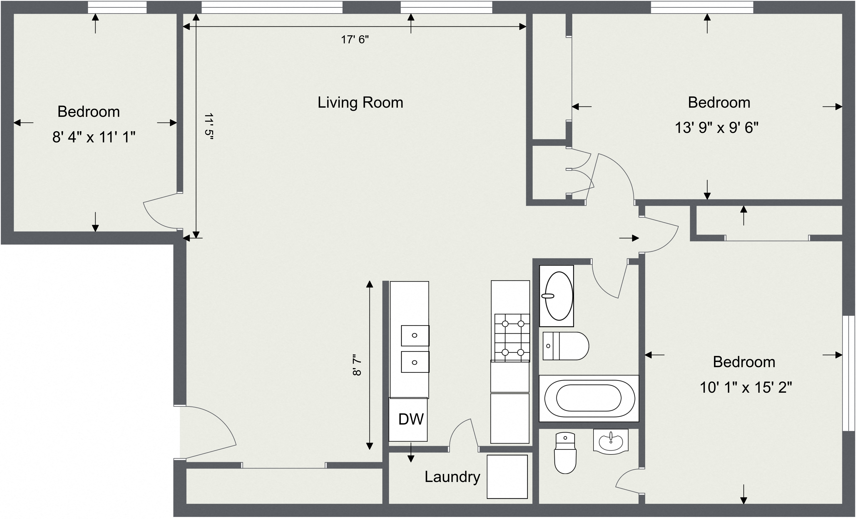 Floor plan for 3 beds, 1.5 baths, 1050 sqft